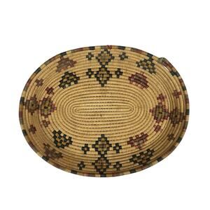 Native American Coil Woven Oval Basket Hand Woven Tray Basket Indigenous 11x8"